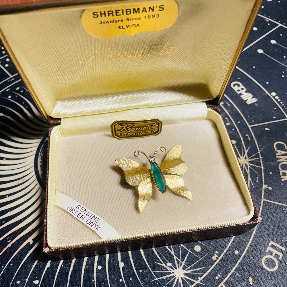 Krementz Vintage 14k Gold Overlay with Green Onyx Butterfly Brooch